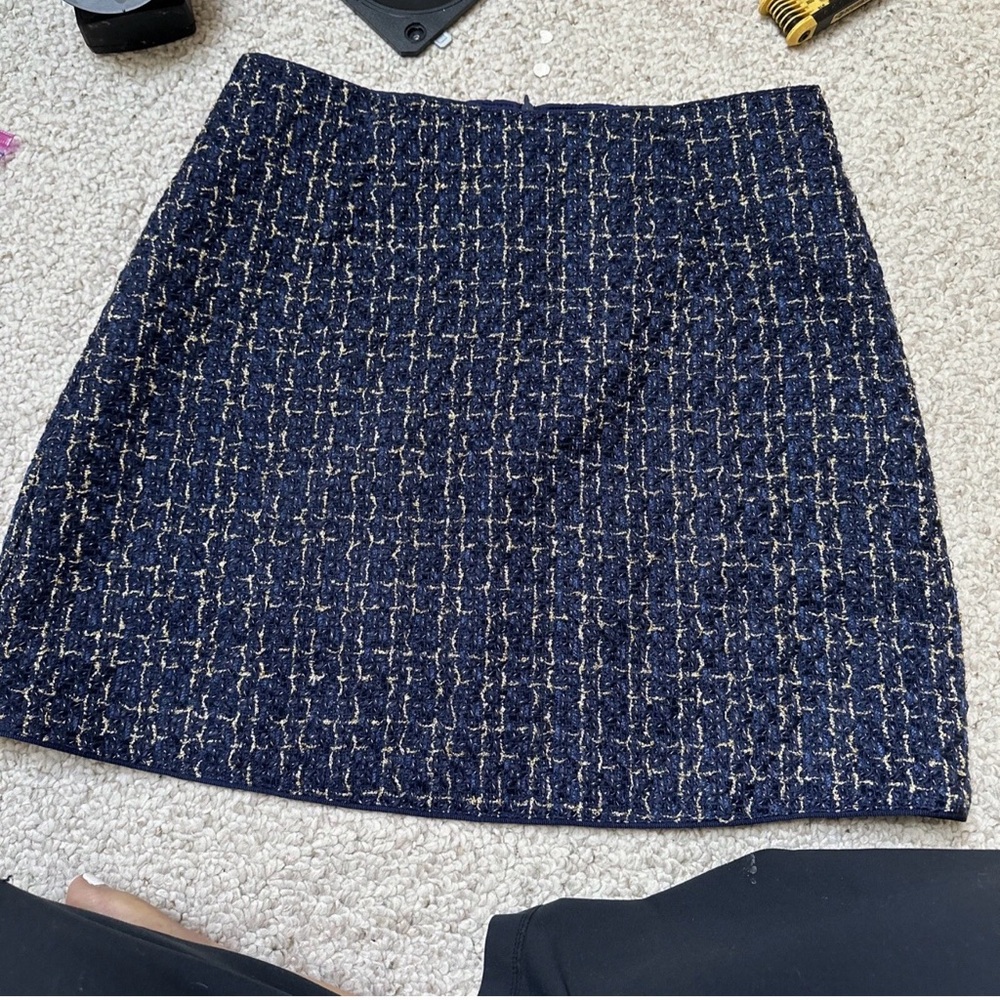 BNWOT NAVY SKIRT BOUCLE TWEED STYLE GOLD THREAD Size 10 Mini Aline Unlined